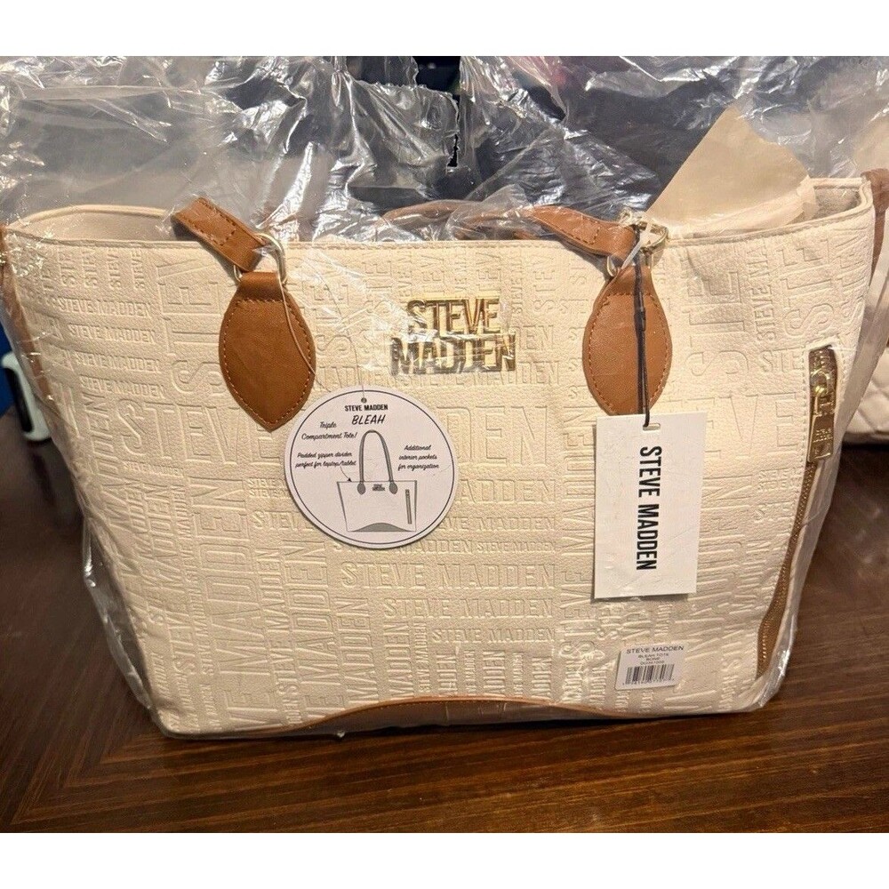 NWT Steve Madden Bone Logo Embossed Tote Bag Zip Closure Gold Hardware w Pouch